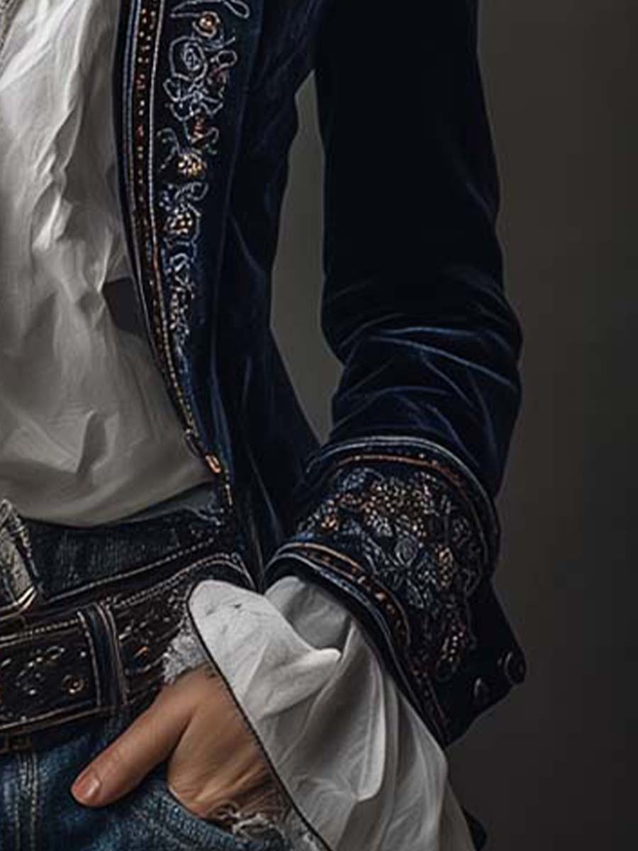 Adriana | Blazer Lungo Blu Navy con Ricami Vintage