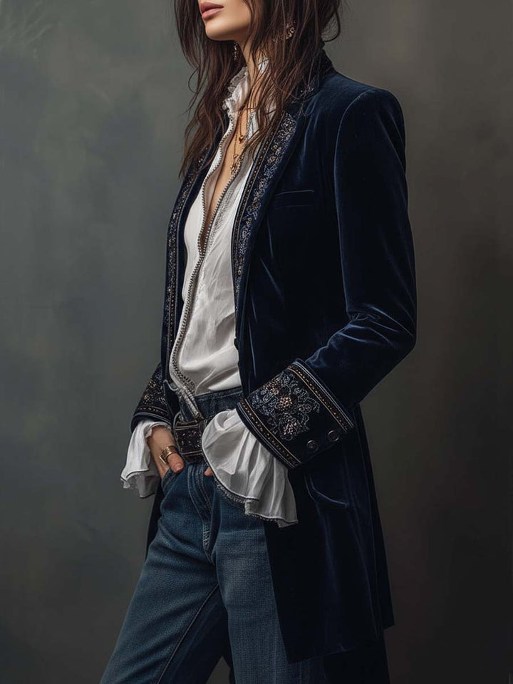 Adriana | Blazer Lungo Blu Navy con Ricami Vintage