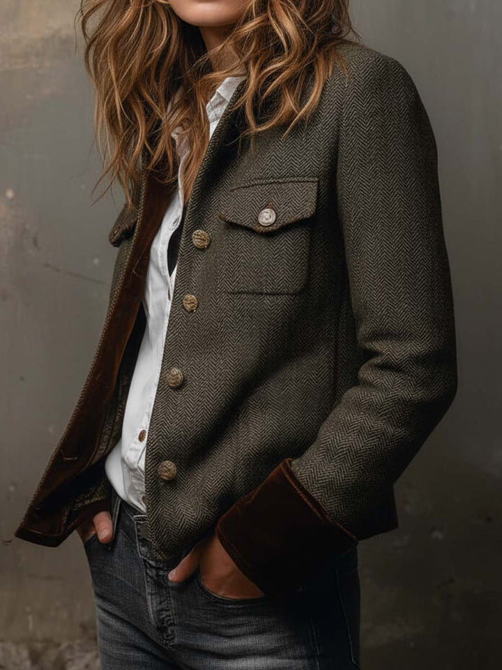 Ornella | Blazer Vintage a Chevron con Profili a Contrasto