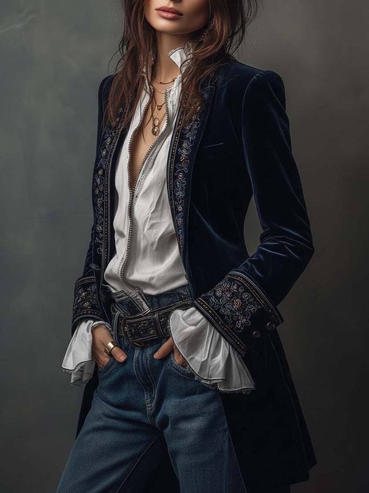 Adriana | Blazer Lungo Blu Navy con Ricami Vintage