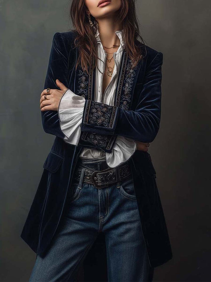 Adriana | Blazer Lungo Blu Navy con Ricami Vintage