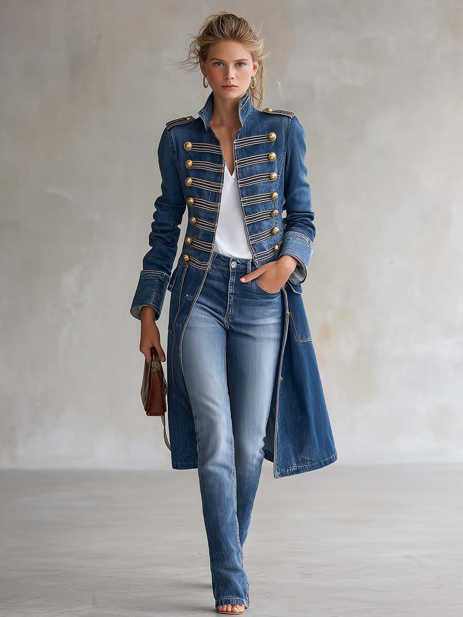 Bianca | Cappotto Lungo in Denim con Dettagli Militari Dorati