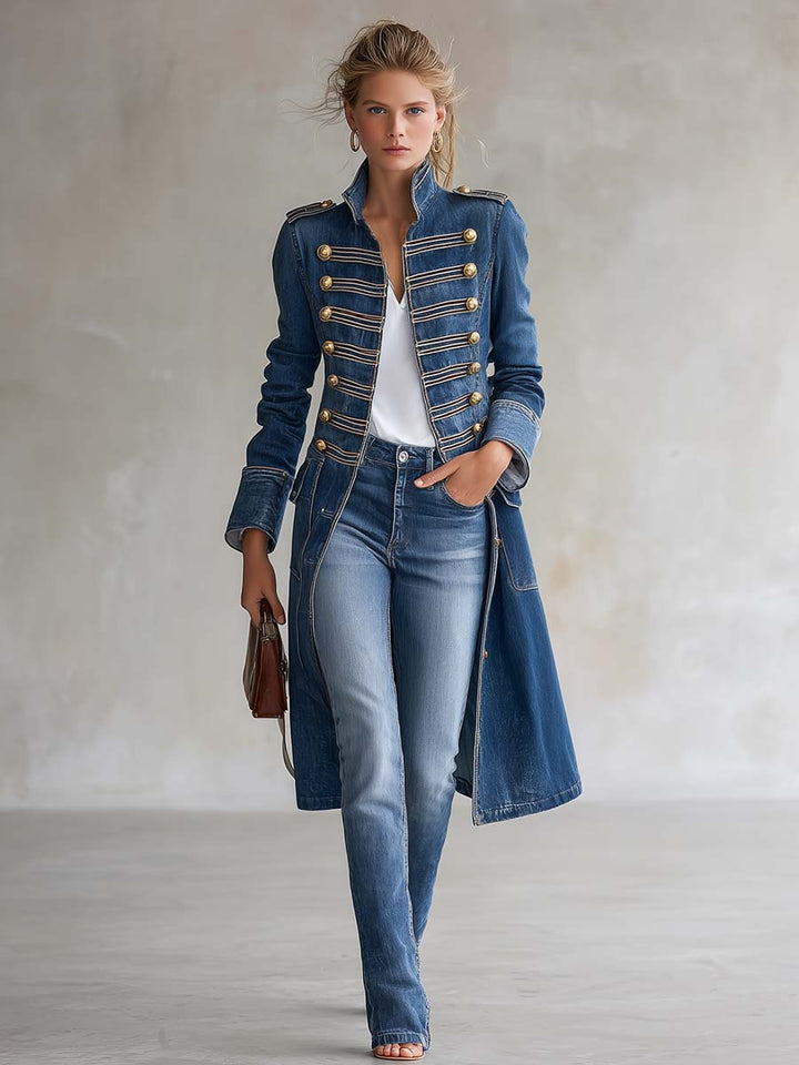 Bianca | Cappotto Lungo in Denim con Dettagli Militari Dorati