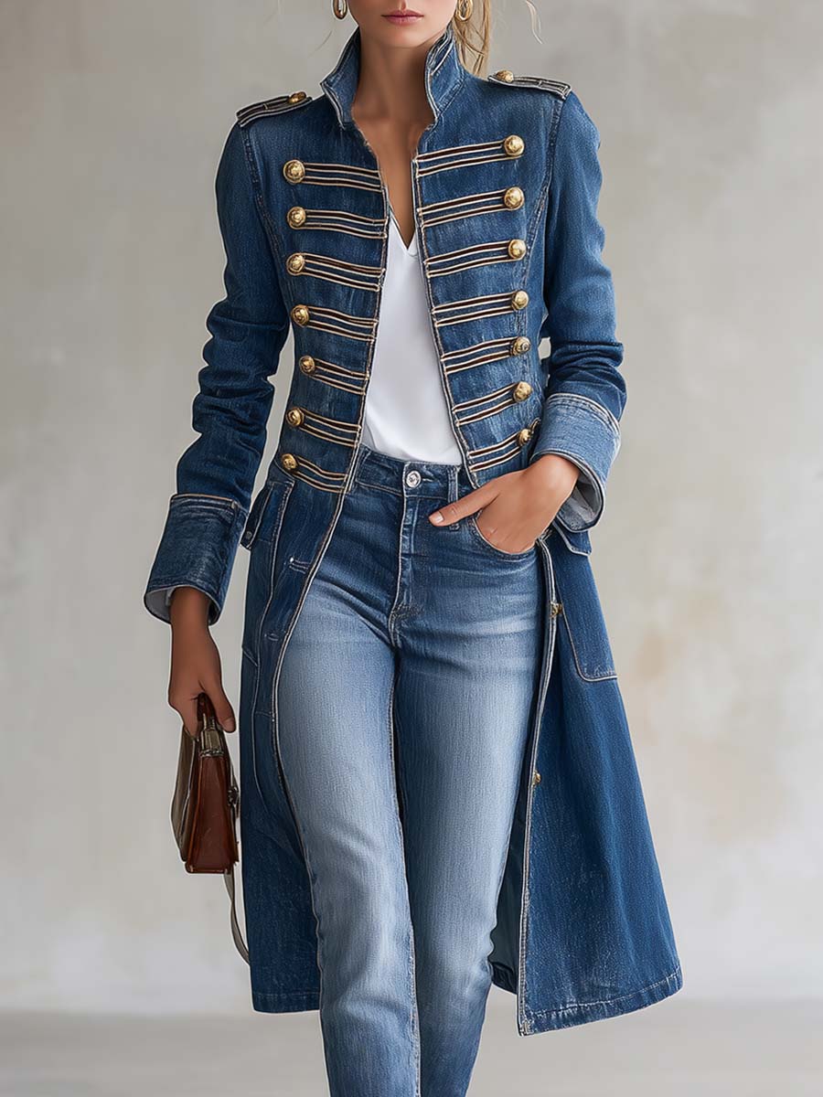 Bianca | Cappotto Lungo in Denim con Dettagli Militari Dorati