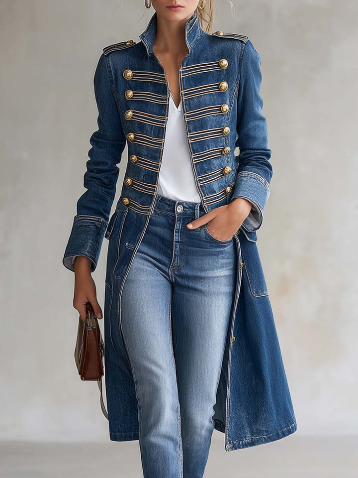 Bianca | Cappotto Lungo in Denim con Dettagli Militari Dorati