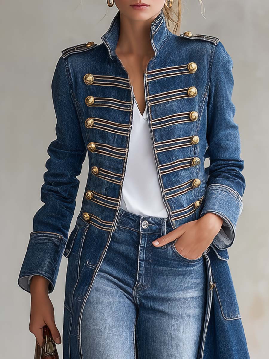 Bianca | Cappotto Lungo in Denim con Dettagli Militari Dorati