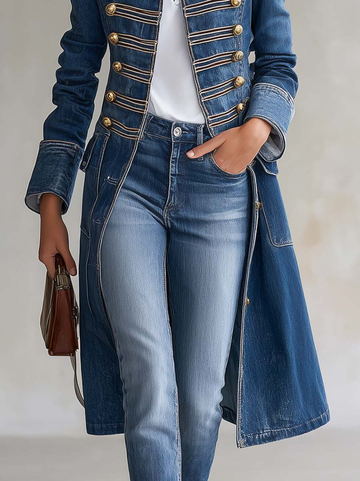 Bianca | Cappotto Lungo in Denim con Dettagli Militari Dorati