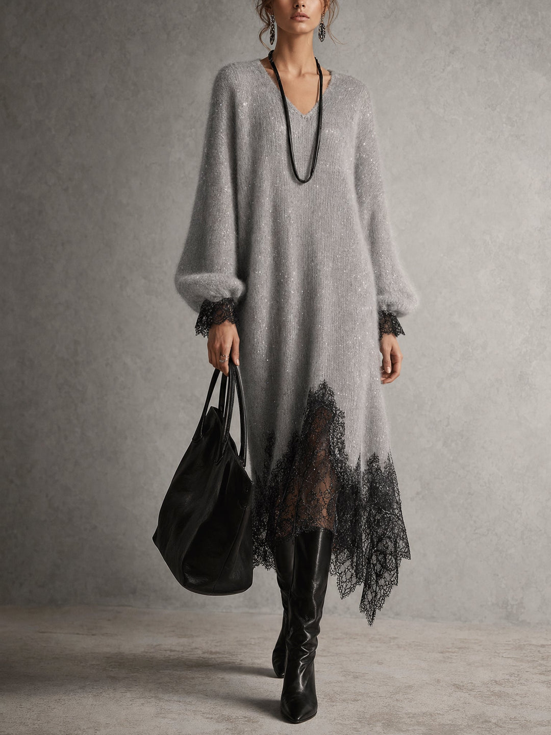 Elvira | Abito Midi in Maglia con Orlo in Pizzo