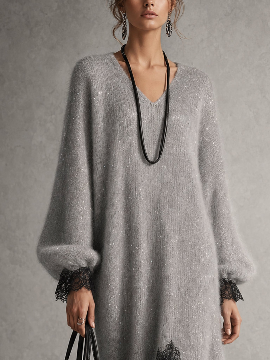 Elvira | Abito Midi in Maglia con Orlo in Pizzo