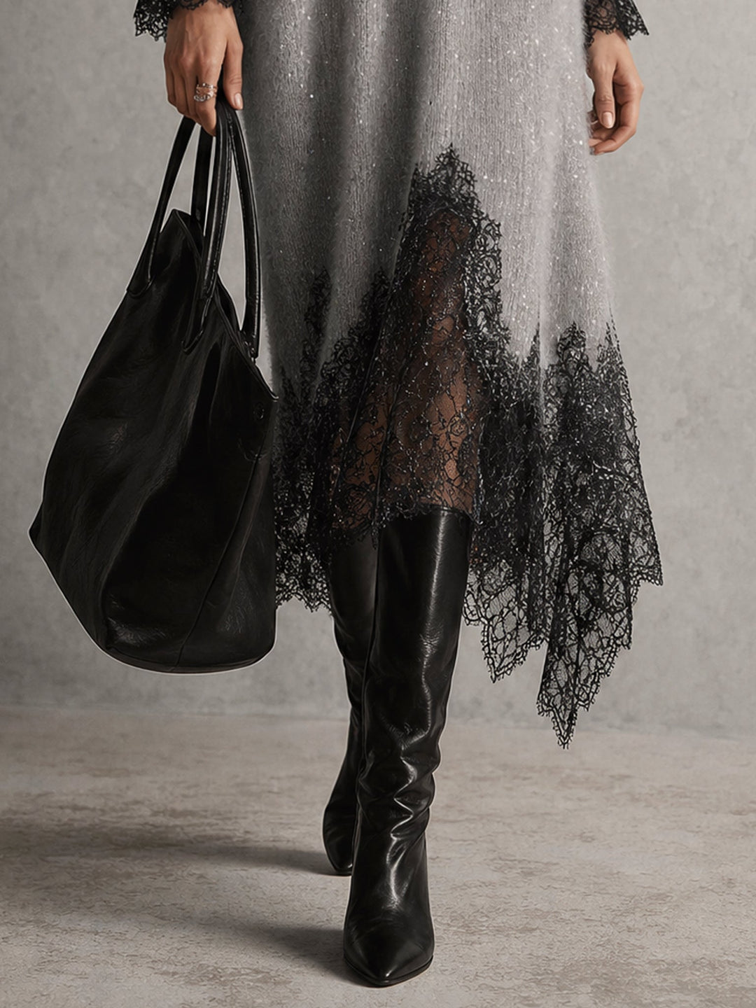 Elvira | Abito Midi in Maglia con Orlo in Pizzo
