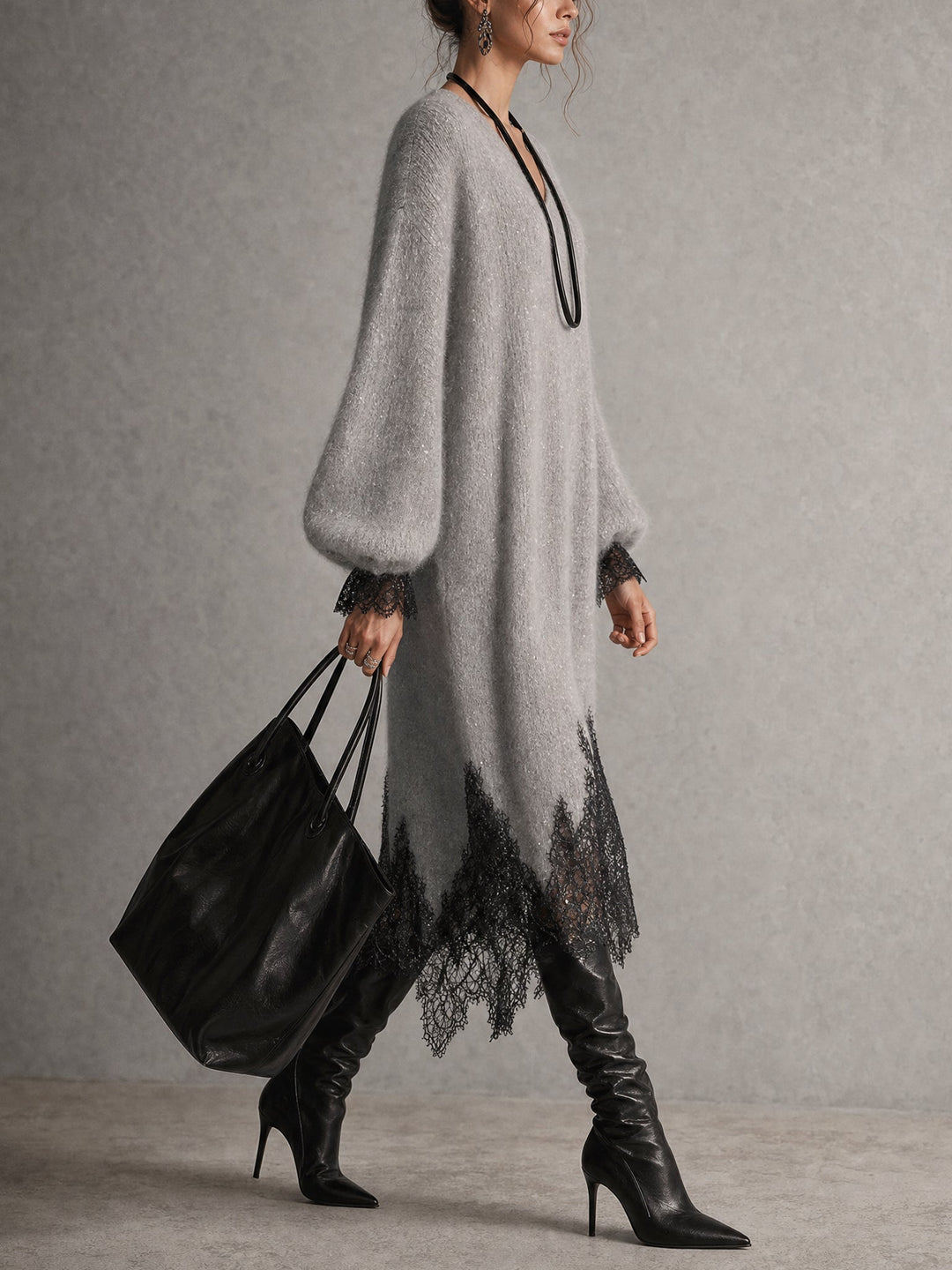Elvira | Abito Midi in Maglia con Orlo in Pizzo