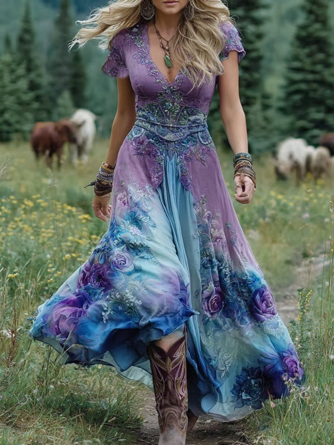Viola | Abito Maxi Boho Floreale con Scollo a V