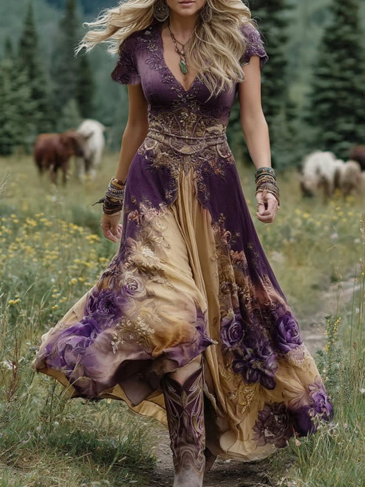Viola | Abito Maxi Boho Floreale con Scollo a V