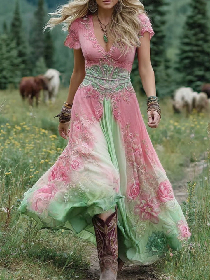 Viola | Abito Maxi Boho Floreale con Scollo a V