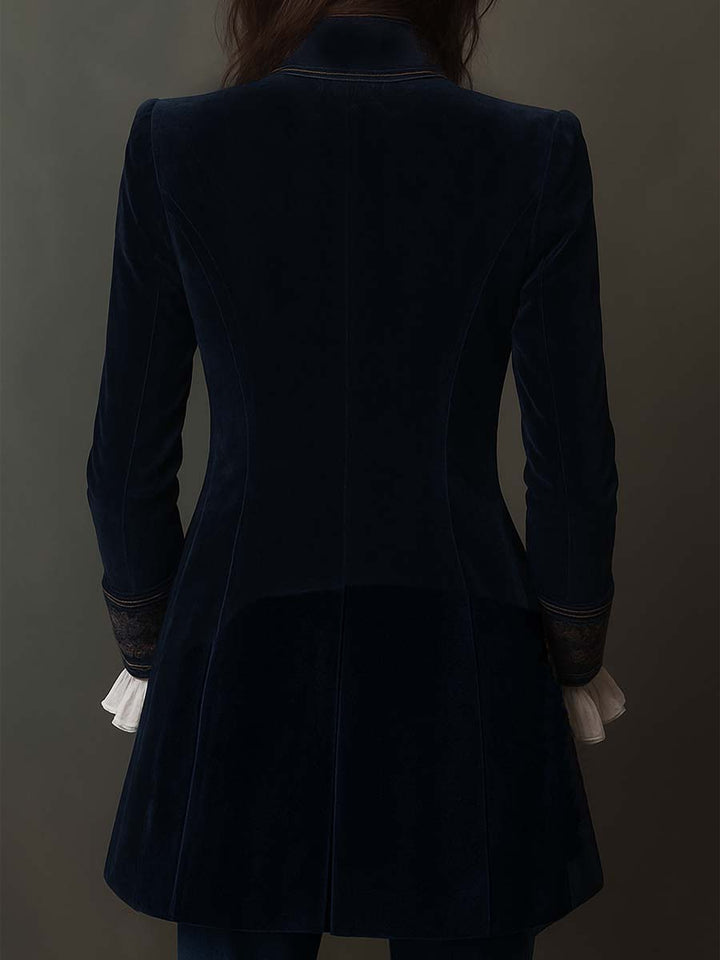 Adriana | Blazer Lungo Blu Navy con Ricami Vintage