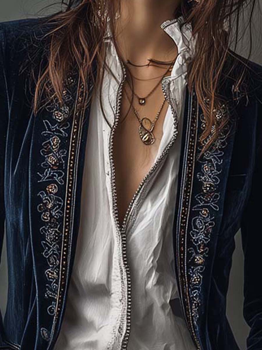 Adriana | Blazer Lungo Blu Navy con Ricami Vintage