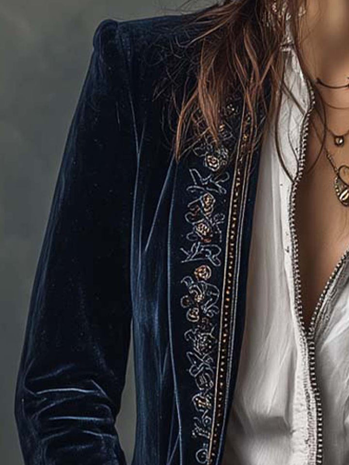 Adriana | Blazer Lungo Blu Navy con Ricami Vintage