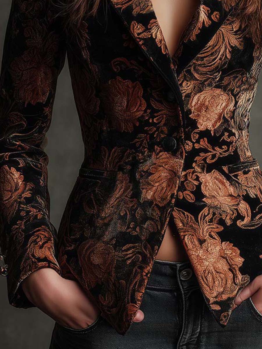Lavinia | Blazer Sartoriale Nero e Bronzo con Motivo Floreale
