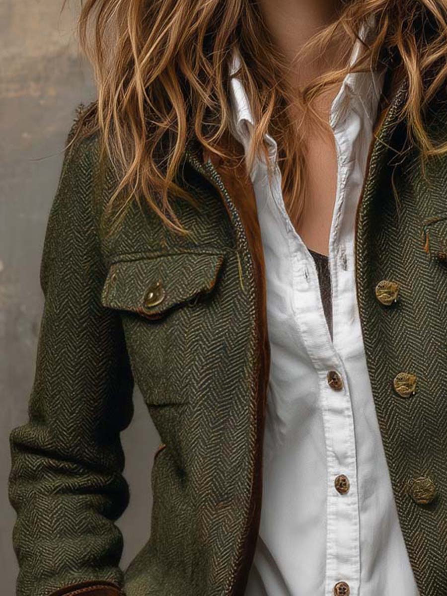 Ornella | Blazer Vintage a Chevron con Profili a Contrasto
