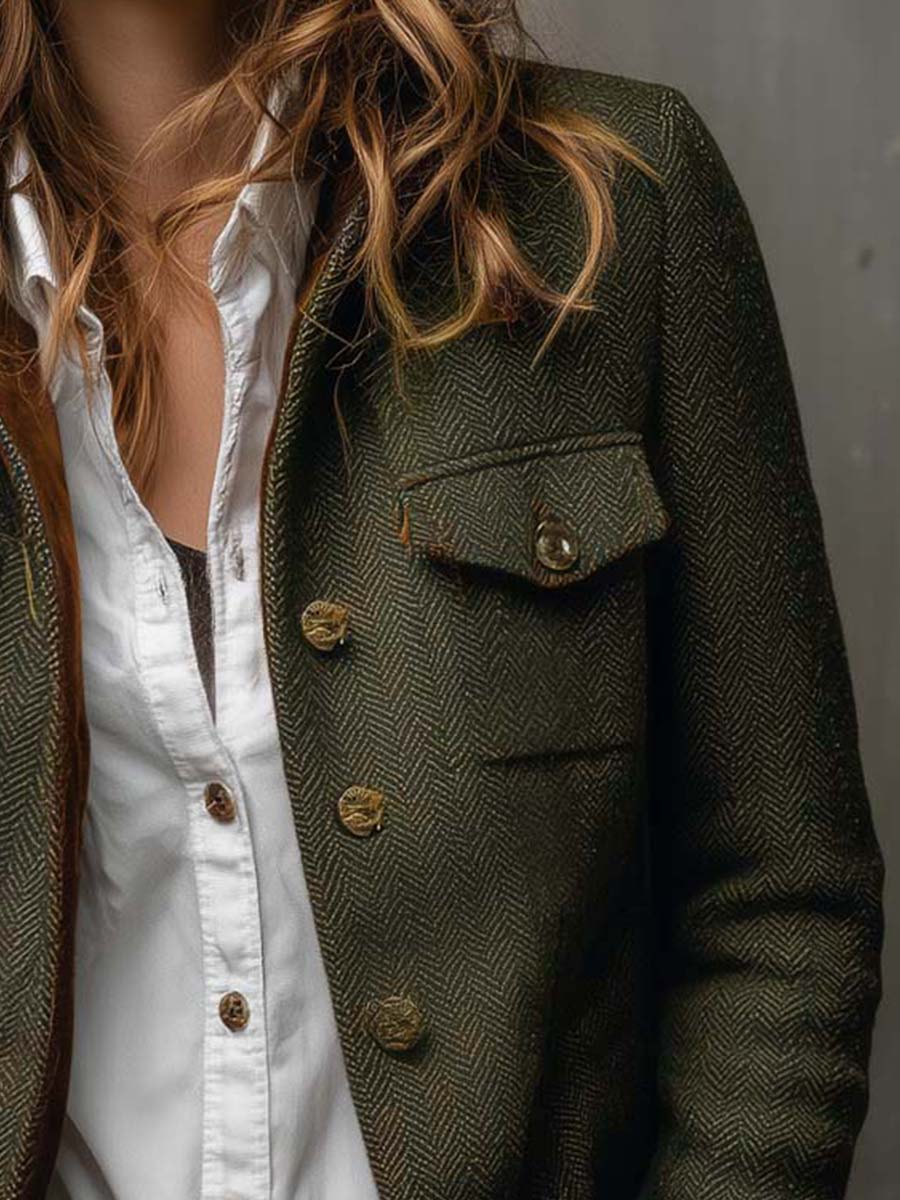 Ornella | Blazer Vintage a Chevron con Profili a Contrasto