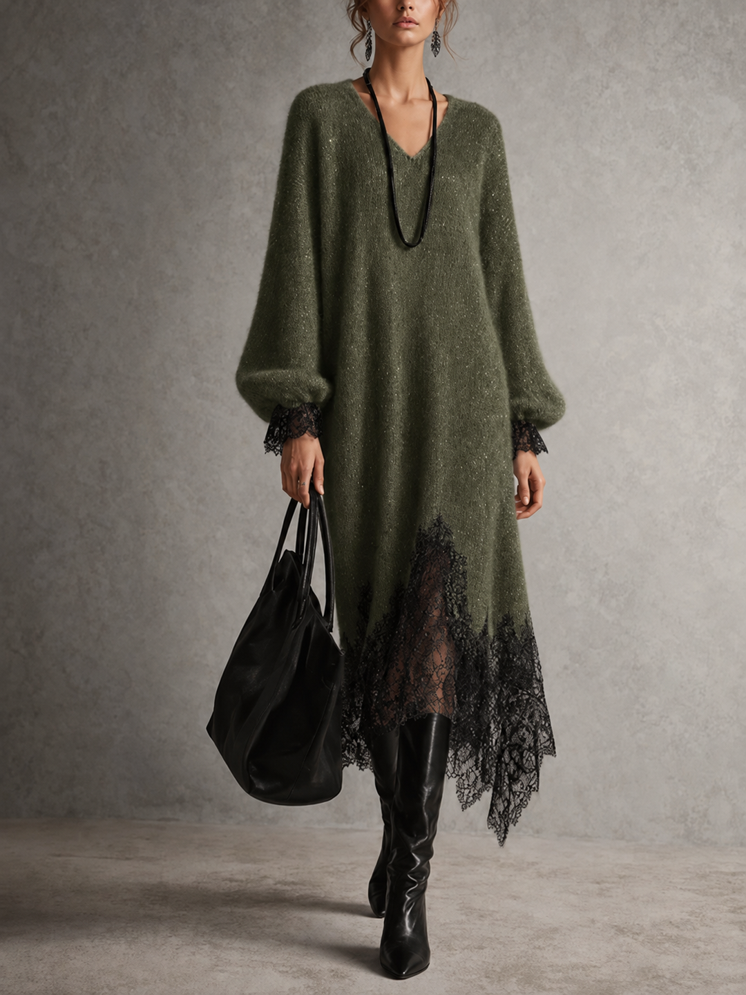 Elvira | Abito Midi in Maglia con Orlo in Pizzo