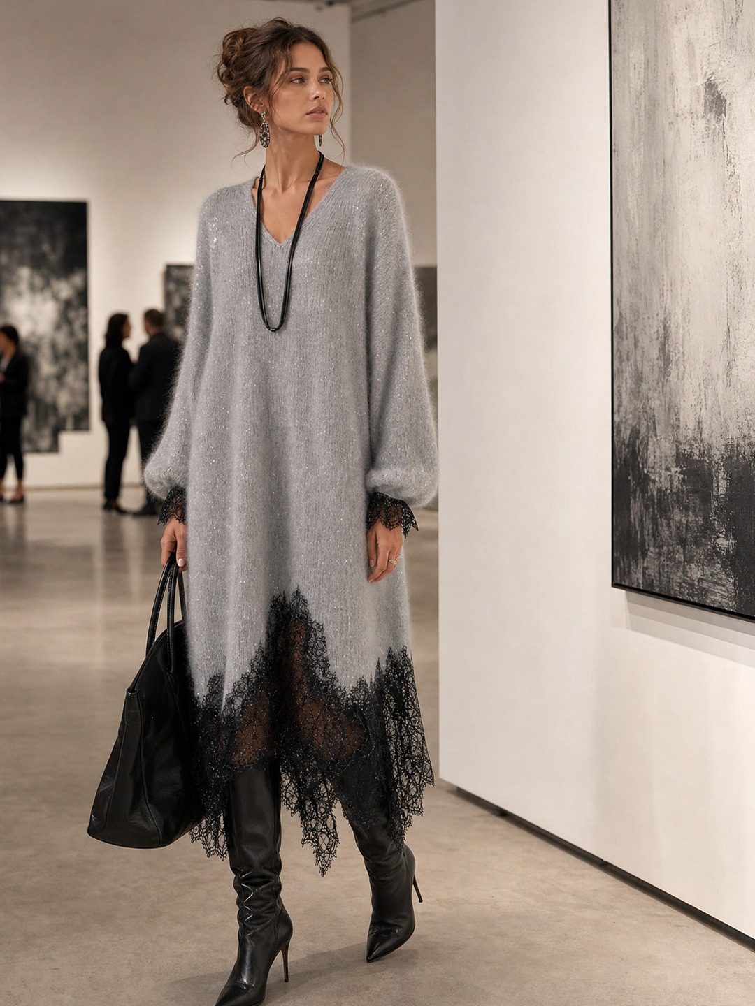 Elvira | Abito Midi in Maglia con Orlo in Pizzo