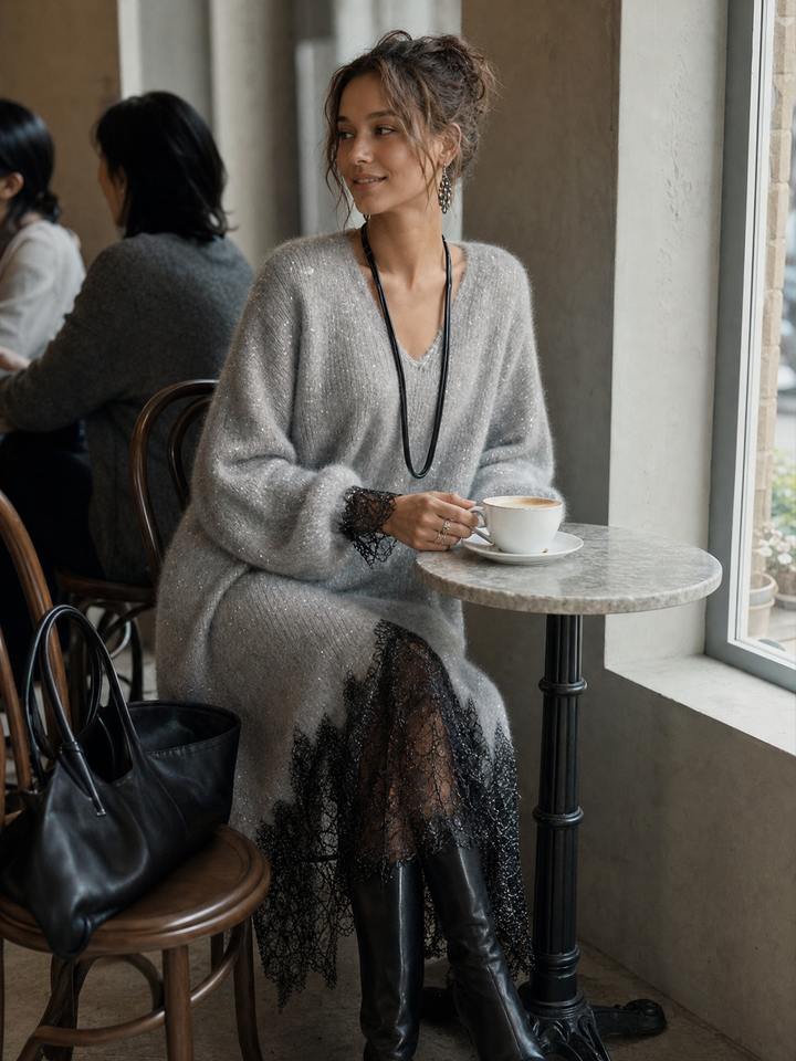 Elvira | Abito Midi in Maglia con Orlo in Pizzo