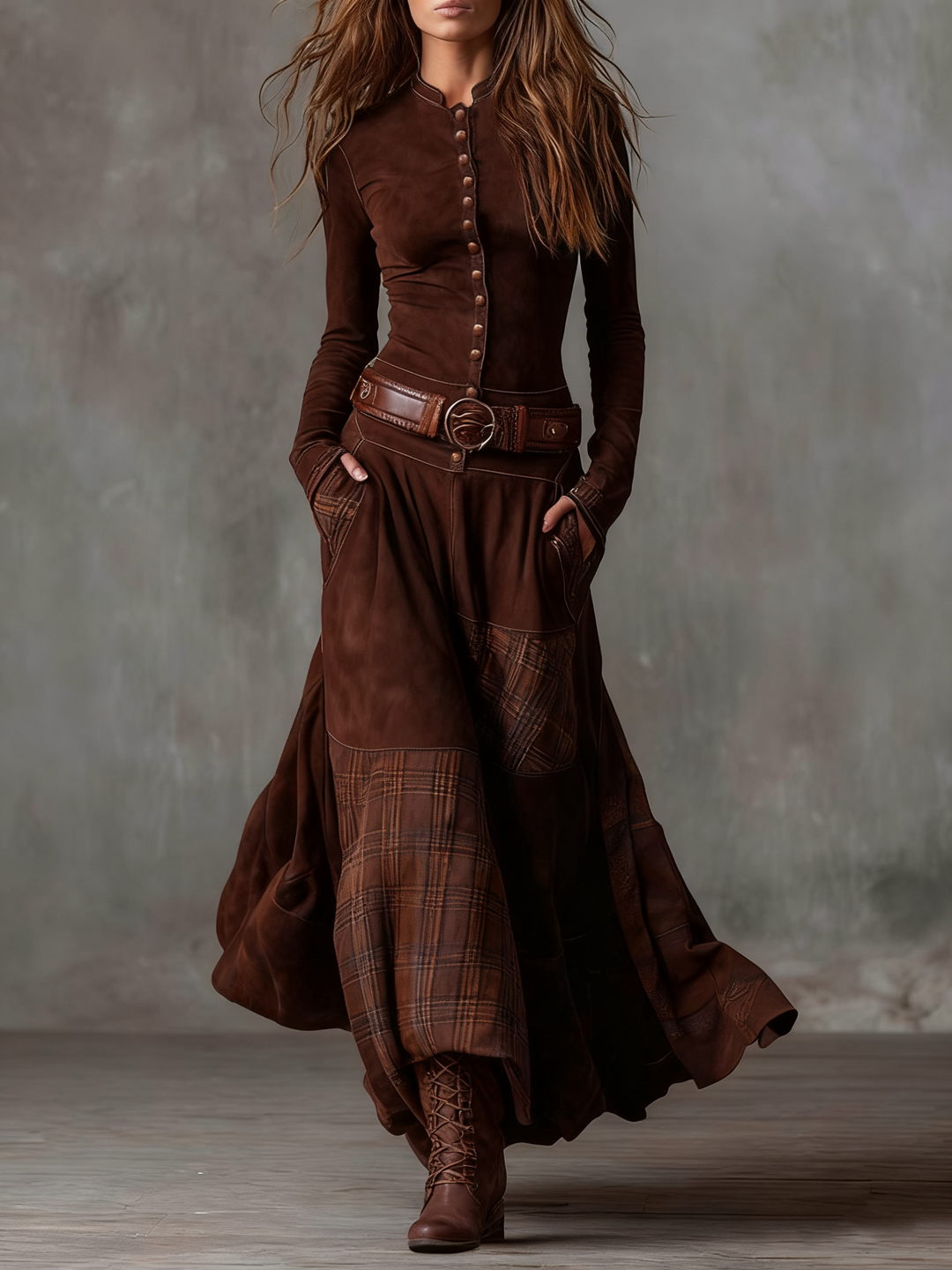 Beatrice | Abito Maxi Effetto Scamosciato con Cintura