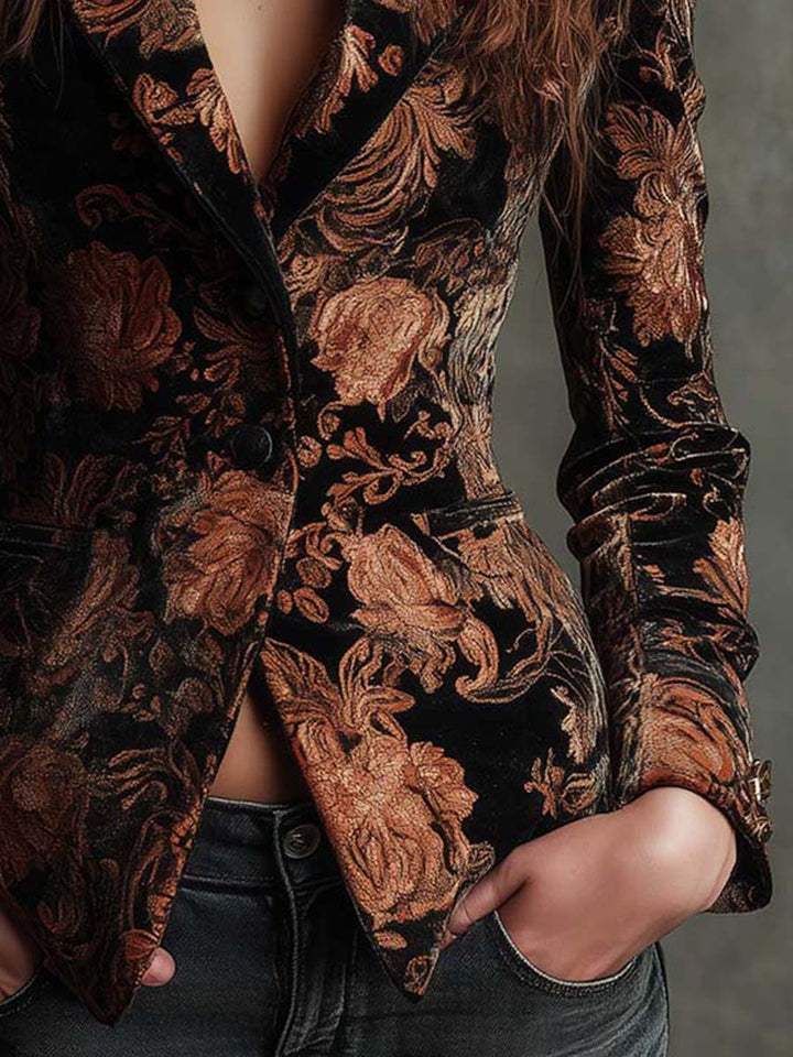 Lavinia | Blazer Sartoriale Nero e Bronzo con Motivo Floreale