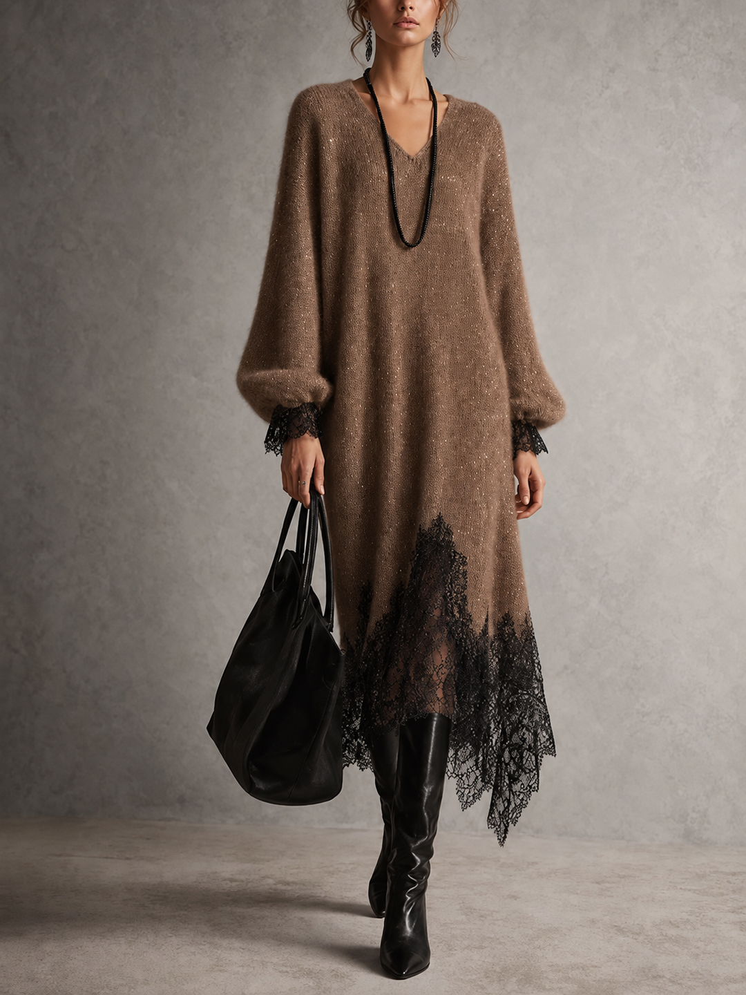 Elvira | Abito Midi in Maglia con Orlo in Pizzo