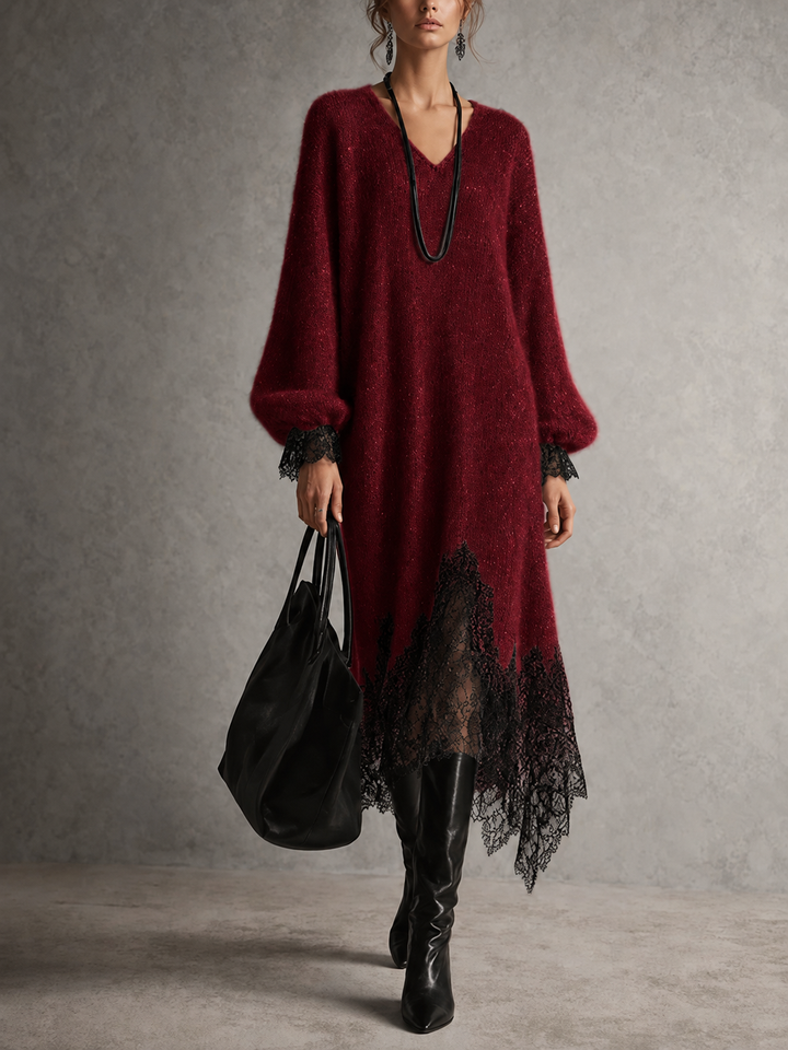 Elvira | Abito Midi in Maglia con Orlo in Pizzo