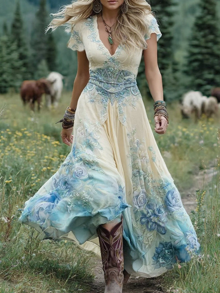 Viola | Abito Maxi Boho Floreale con Scollo a V