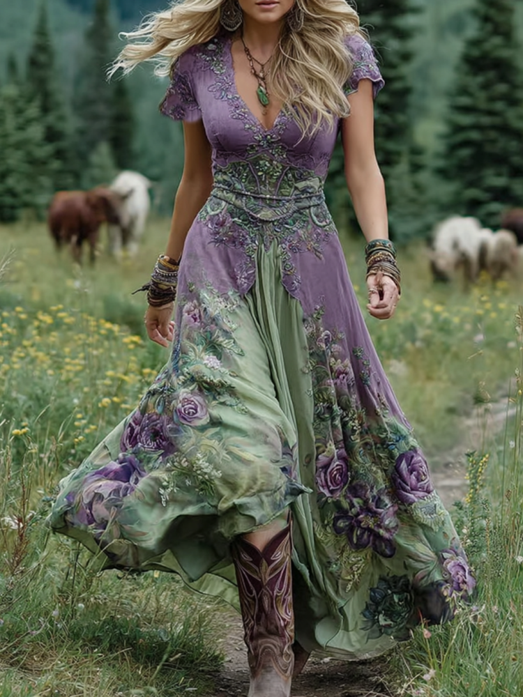 Viola | Abito Maxi Boho Floreale con Scollo a V