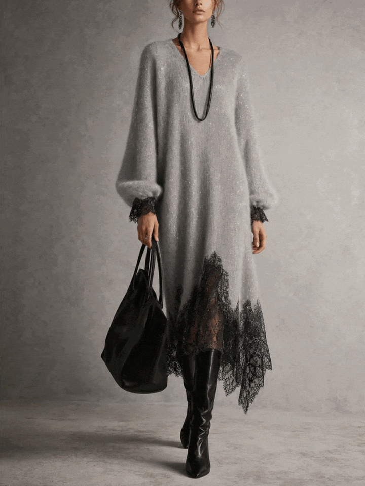 Elvira | Abito Midi in Maglia con Orlo in Pizzo